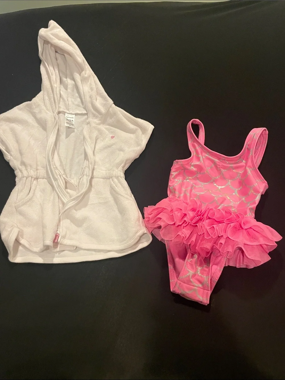 Carter's Pink Ruffle Mermaid-Scale One-Piece Swimsuit with White Hooded Cover-Up